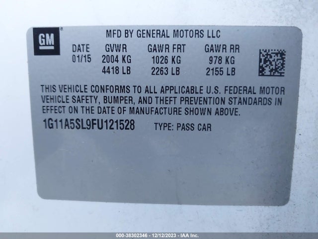 2015 CHEVROLET MALIBU LS VIN: 1G11A5SL9FU121528