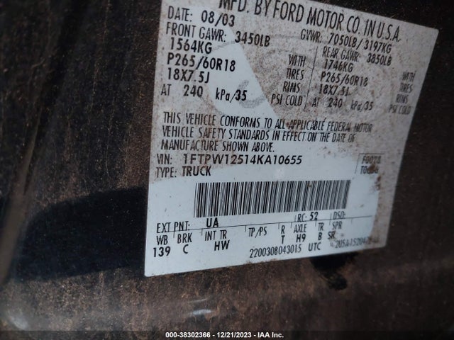 2004 FORD F-150 LARIAT/XLT VIN: 1FTPW12514KA10655
