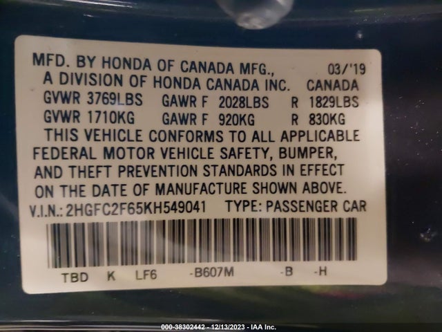 Honda Civic Lx 2019 2HGFC2F65KH549041 Image 9
