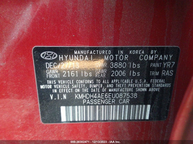 2014 HYUNDAI ELANTRA SE (ULSAN PLANT) VIN: KMHDH4AE6EU087538