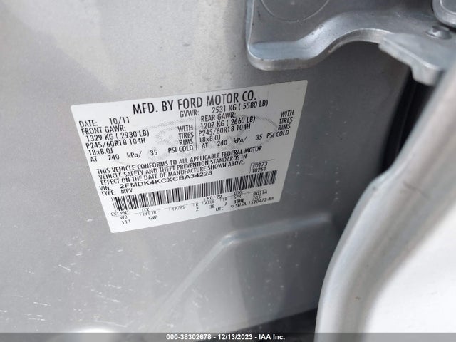 2012 FORD EDGE LIMITED VIN: 2FMDK4KCXCBA34228