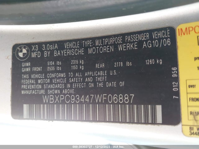 2007 BMW X3 3.0SI VIN: WBXPC93447WF06887