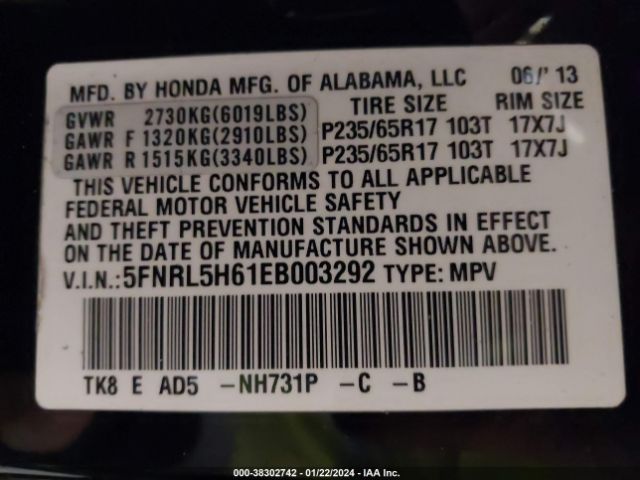 5FNRL5H61EB003292 Honda Odyssey Ex-l