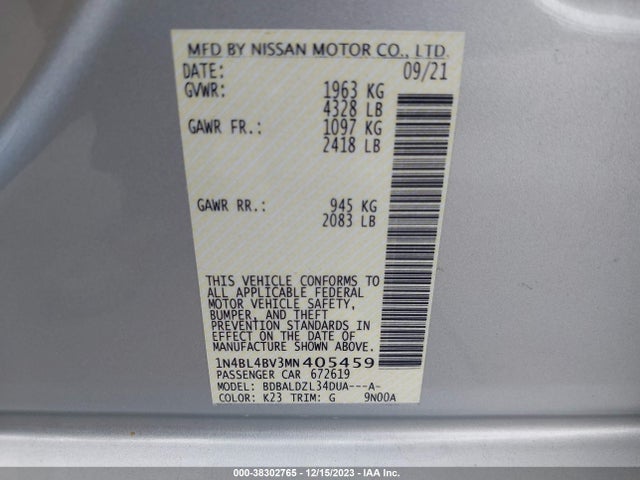 2021 NISSAN ALTIMA S FWD VIN: 1N4BL4BV3MN405459