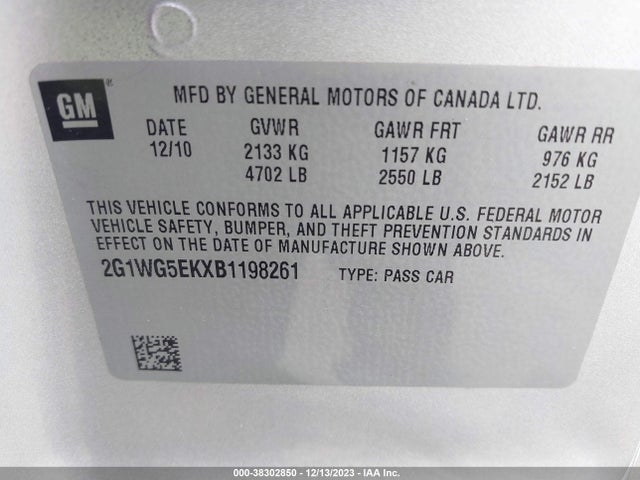 2011 CHEVROLET IMPALA LT VIN: 2G1WG5EKXB1198261