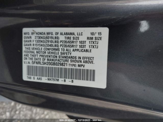 5FNRL5H20GB029821 Honda ODYSSEY LX