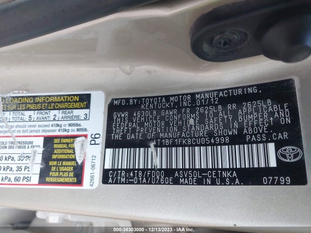 2012 TOYOTA CAMRY LE VIN: 4T1BF1FK8CU054998