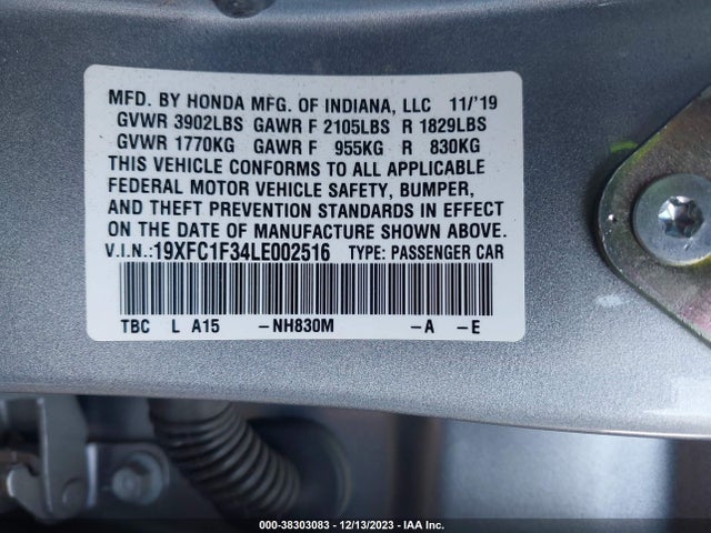 2020 HONDA CIVIC EX VIN: 19XFC1F34LE002516