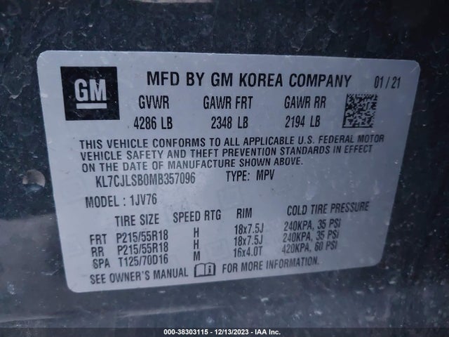 Chevrolet Trax Fwd Lt 2021 KL7CJLSB0MB357096 Image 9