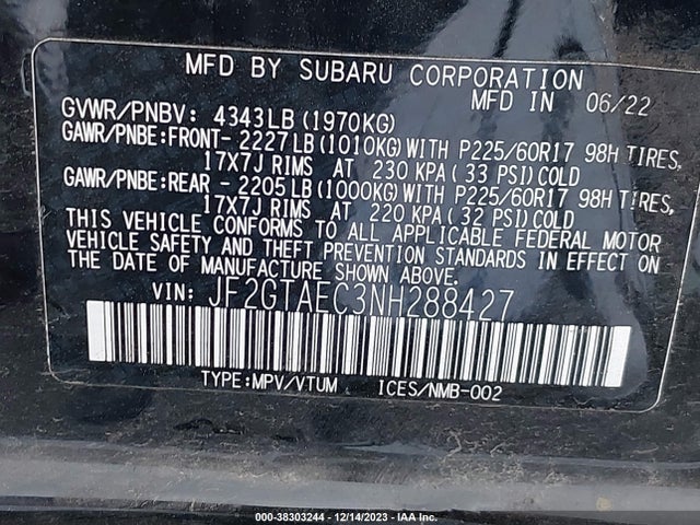 2022 SUBARU CROSSTREK PREMIUM VIN: JF2GTAEC3NH288427