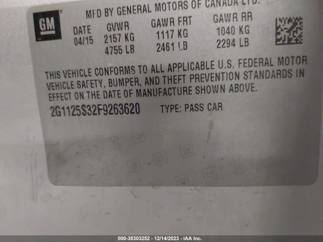 2015 CHEVROLET IMPALA 2LT VIN: 2G1125S32F9263620