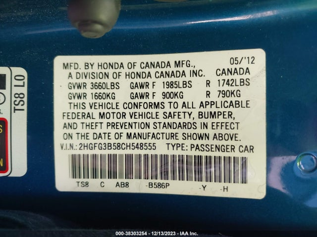 2012 HONDA CIVIC CPE LX VIN: 2HGFG3B58CH548555