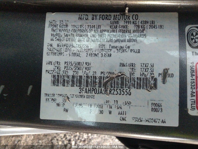 2012 FORD FUSION SEL VIN: 3FAHP0JA5CR253556