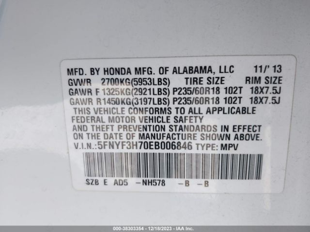 5FNYF3H70EB006846 Honda Pilot Ex-l