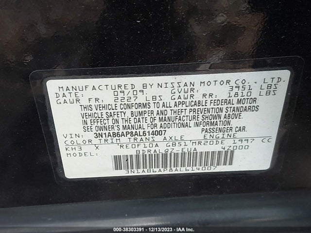2010 NISSAN SENTRA 2.0 VIN: 3N1AB6AP8AL614007