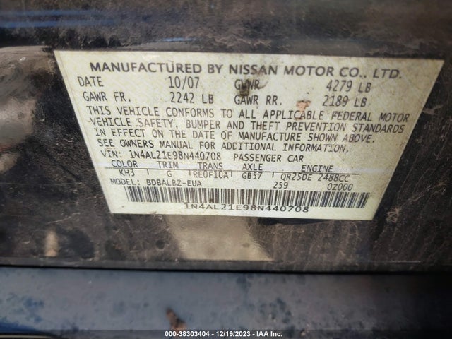 2008 NISSAN ALTIMA 2.5 S VIN: 1N4AL21E98N440708