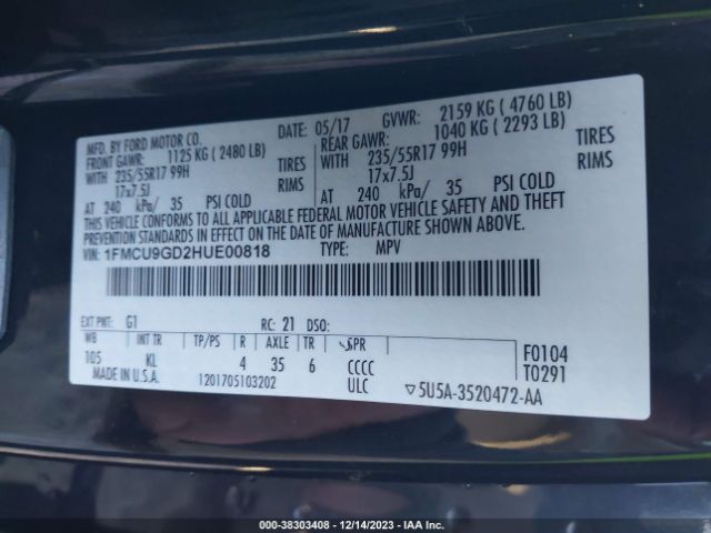 1FMCU9GD2HUE00818 Ford ESCAPE SE