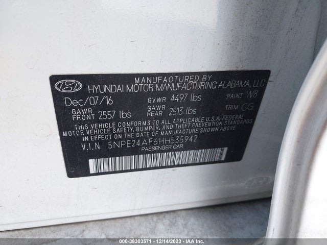 2017 HYUNDAI SONATA SE VIN: 5NPE24AF6HH535942