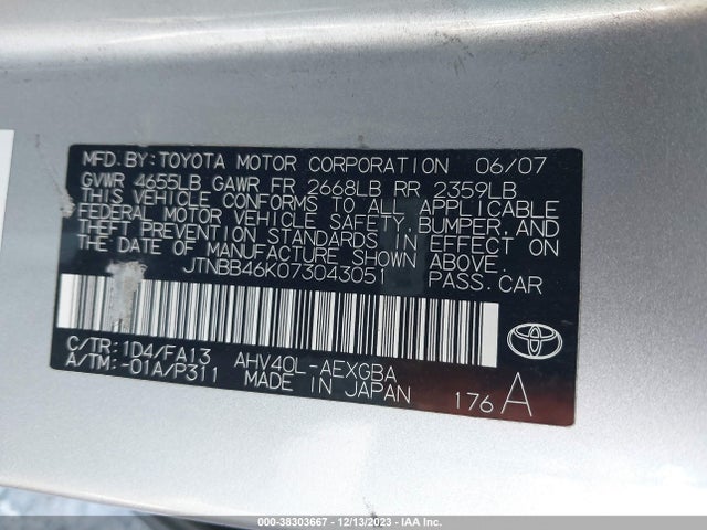 38303667 :رقم المزاد ، JTNBB46K073043051 vin ، 2007 Toyota Camry Hybrid مزاد بيع