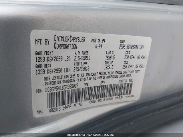 2005 CHRYSLER TOWN & COUNTRY TOURING VIN: 2C8GP54L65R265027
