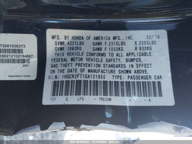 Honda ACCORD EX 2016 1HGCR2F71GA131950 Image 9