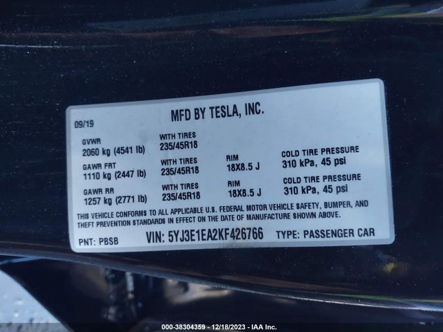 Tesla MODEL 3 2019 5YJ3E1EA2KF426766 Image 9