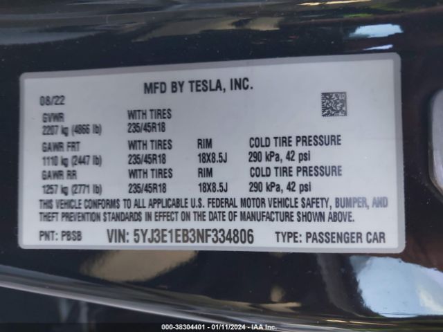Tesla Model 3 Long Range Dual Motor All-wheel Drive 2022 5YJ3E1EB3NF334806 Image 8