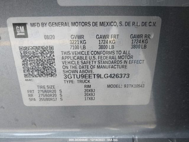 3GTU9EET9LG426373 GMC Sierra 1500 4wd  Short Box At4
