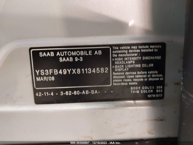 2008 SAAB 9-3 YS3FB49YX81134582 Photo 8