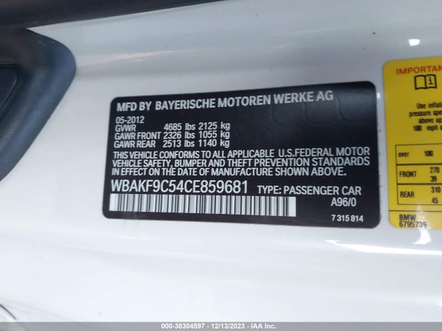 2012 BMW 335I XDRIVE VIN: WBAKF9C54CE859681