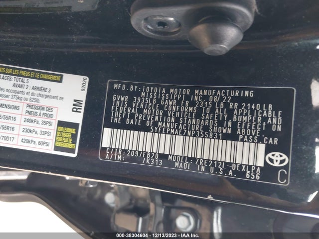 2022 TOYOTA COROLLA LE VIN: 5YFEPMAE7NP355831