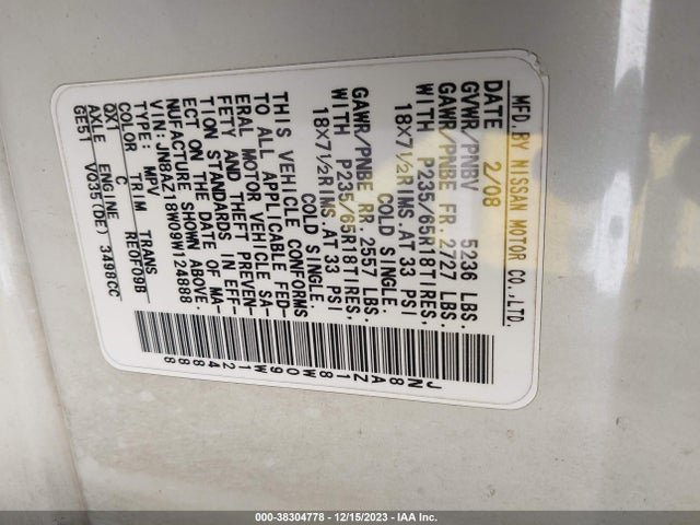 2009 NISSAN MURANO SL VIN: JN8AZ18W09W124888