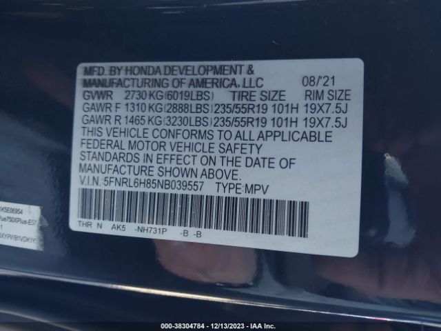 5FNRL6H85NB039557 Honda Odyssey Touring