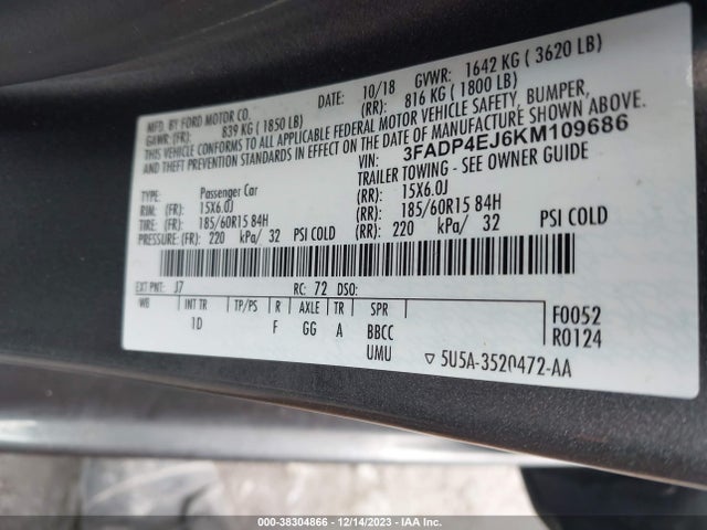 2019 FORD FIESTA SE VIN: 3FADP4EJ6KM109686