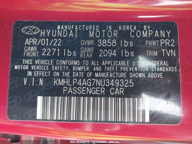 2022 HYUNDAI ELANTRA LIMITED VIN: KMHLP4AG7NU349325