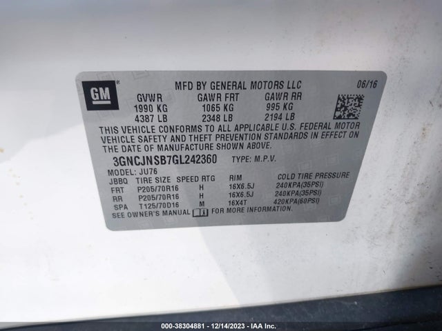 Chevrolet Trax 1ls 2016 3GNCJNSB7GL242360 Image 9