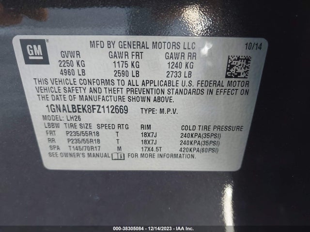 Chevrolet EQUINOX 1LT 2015 1GNALBEK8FZ112669 Image 9