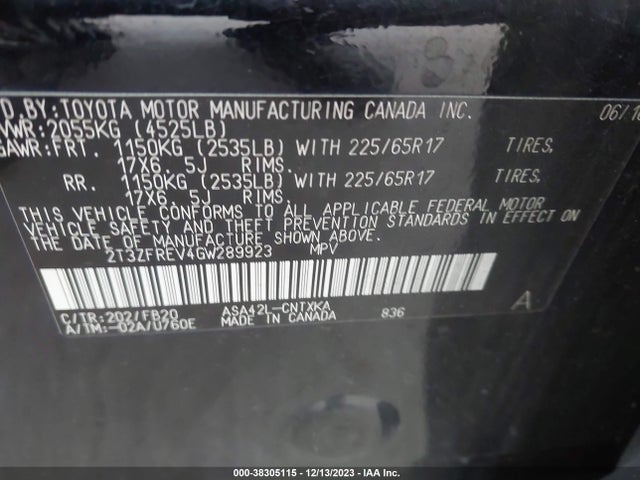 2016 TOYOTA RAV4 LE VIN: 2T3ZFREV4GW289923