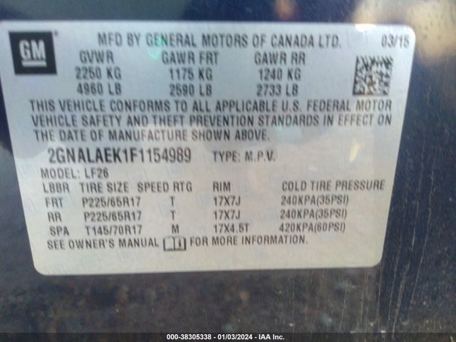 2015 CHEVROLET EQUINOX LS VIN: 2GNALAEK1F1154989