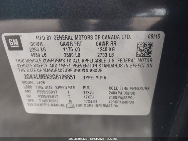 GMC Terrain Sle-1 2016 2GKALMEK3G6106851 Image 9