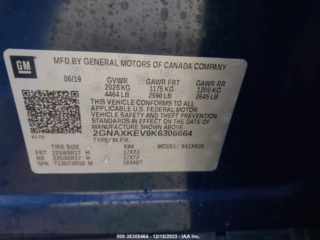 2019 CHEVROLET EQUINOX LT VIN: 2GNAXKEV9K6306664