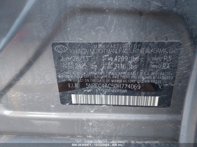 2013 HYUNDAI SONATA SE VIN: 5NPEC4AC5DH774069