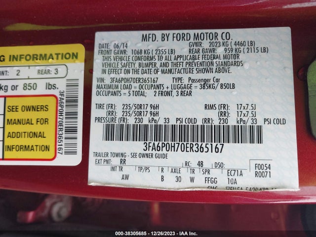 Ford FUSION SE 2014 3FA6P0H70ER365167 Image 9