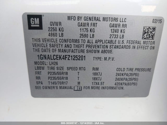 Chevrolet EQUINOX LT 2015 1GNALCEK4FZ125201 Image 9
