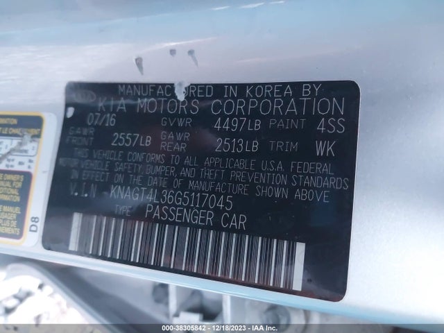 2016 KIA OPTIMA LX VIN: KNAGT4L36G5117045