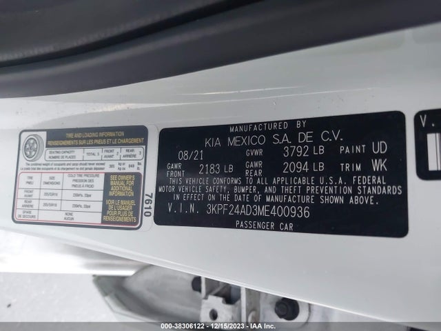 2021 KIA FORTE LXS VIN: 3KPF24AD3ME400936