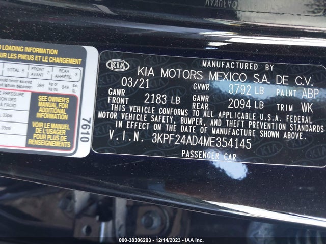 2021 KIA FORTE LXS VIN: 3KPF24AD4ME354145