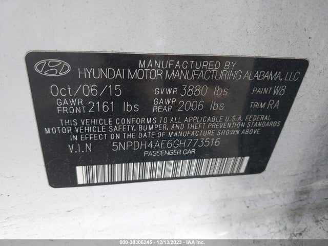 2016 HYUNDAI ELANTRA LIMITED VIN: 5NPDH4AE6GH773516