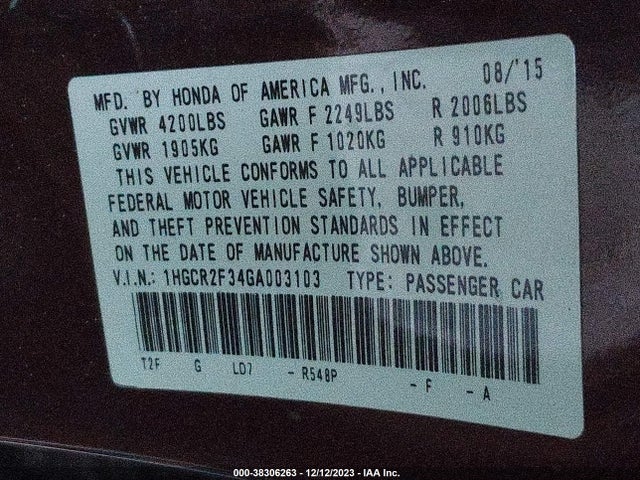 2016 HONDA ACCORD LX VIN: 1HGCR2F34GA003103