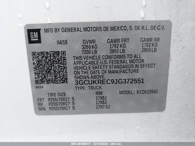 2018 CHEVROLET SILVERADO 1500 1LT VIN: 3GCUKREC9JG372551